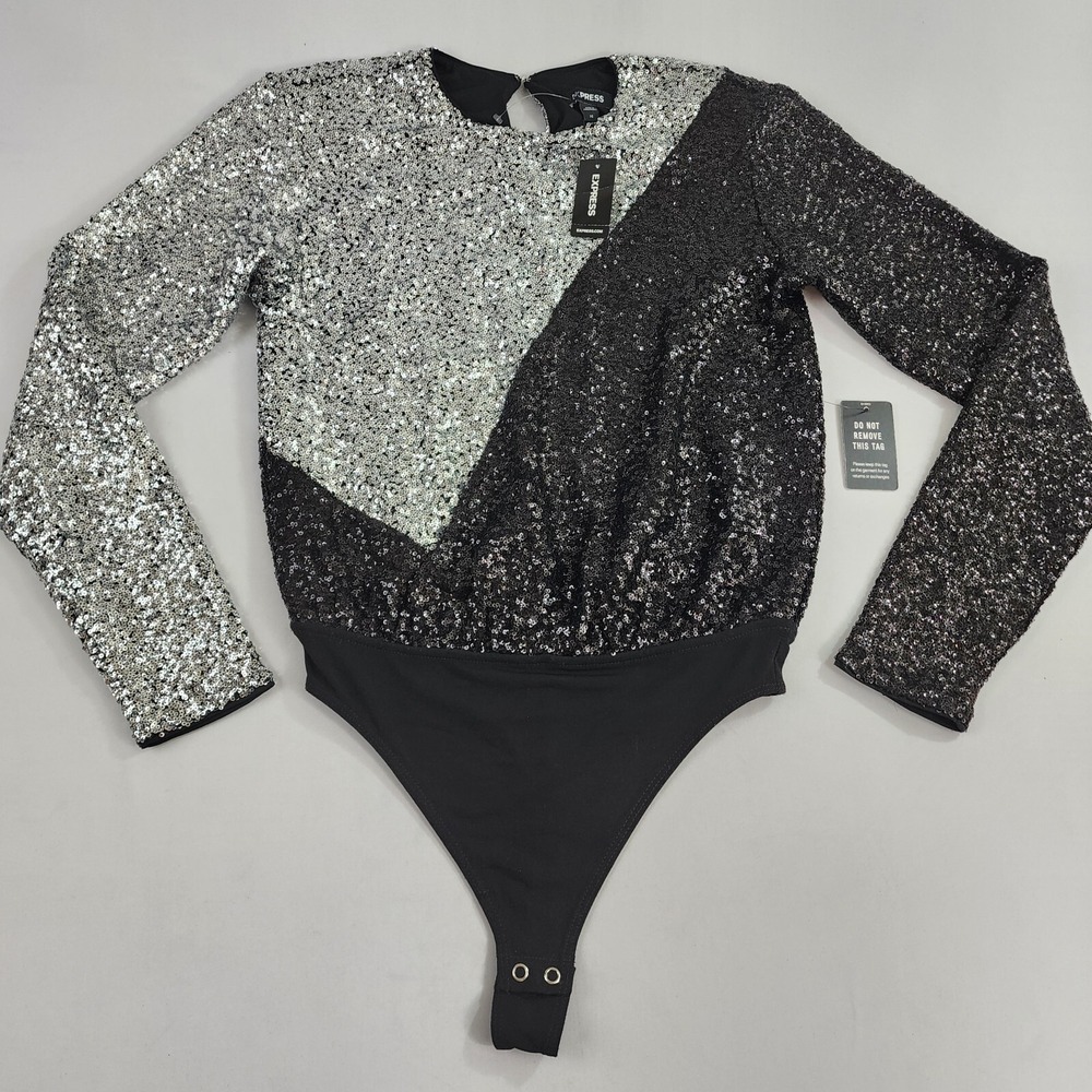 Express women body suit shirt 08658704 0058 30326798 black silver XS $148